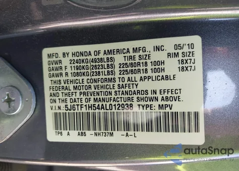 2010 Honda Accord Crosstour Ex-L from USA, damaged, VIN 5J6TF1H54AL012938